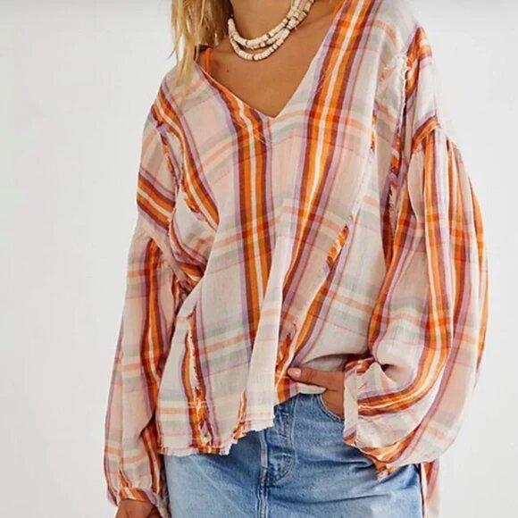 Free People Tops - Free People, Solstice Plaid Blouse (Oversized), Green Plaid, Size Small -NWT